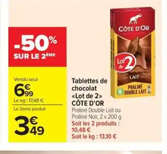 Carrefour Market CÔTE D'OR Tablettes de chocolat Lot de 2 offre