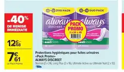Carrefour Market ALWAYS DISCREET Protections hygiéniques pour fuites urinaires Pack Promo offre