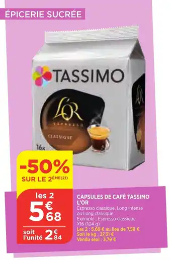 Bi1 Capsules De Café Tassimo L'Or offre