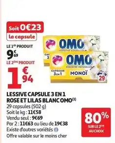 Auchan Supermarché Omo - lessive capsule 3 en 1 rose et lilas blanc offre