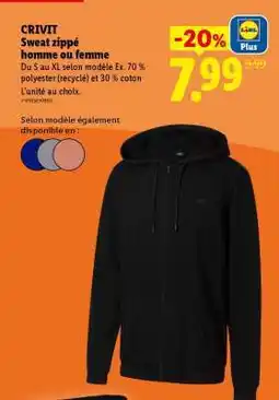 Lidl CRIVIT Sweat zippé homme ou femme offre
