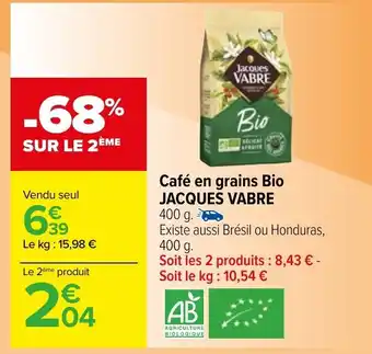 Carrefour Café en grains bio JACQUES VABRE offre
