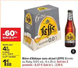 Carrefour Bière d'Abbaye sans alcool LEFFE Blonde ou Ruby offre