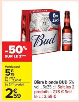 Carrefour Bière blonde BUD 5% vol., 6X25 cl offre