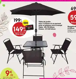 Maxi Bazar Table de jardin avec 4 chaises et un parasol acier et plateau verre trempé offre