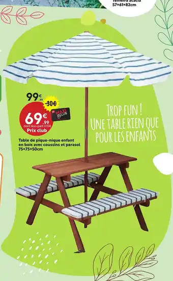 Table de pique-nique enfant en bois avec coussins et parasol