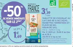 Intermarché Grain de sail tablette de chocolat au lait bio 45% de cacao, noisettes torréfiées et fleur de sel offre