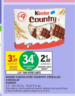 Intermarché Hyper KINDER Barre chocolatée country céréales chocolat offre