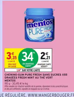 Intermarché Hyper MENTOS Chewing-gum pure fresh sans sucres x55 dragées fresh mint au thé vert offre