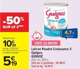 Carrefour Market Lait en poudre croissance 3 optipro guigoz offre