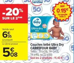 Carrefour Market Couches bébé ultra dry carrefour baby tailles: t5 (x39), t4+ (x43), t4 (x46), ou t3 (x50) soit les 2 produits : 11,43 € offre