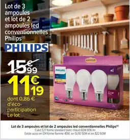 Carrefour Market Lot de 3 ampoules et lot de 2 ampoules led conventionnelles philips offre
