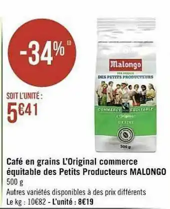 Spar Café En Grains L'original Commerce équitable Des Petits Producteus Malongo offre