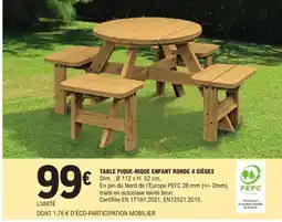 E.Leclerc TABLE PIQUE-NIQUE ENFANT RONDE 4 SIÈGES offre