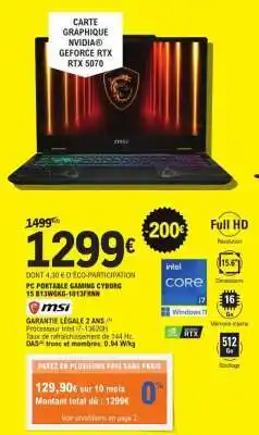 E.Leclerc PC PORTABLE GAMING CYBORG 15 B13W6KG-1013FRNN offre