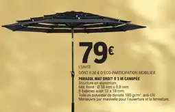 E.Leclerc PARASOL MAT DROIT Ø 3 M CANOPÉE offre