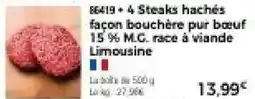 Thiriet 4 steaks hachés façon bouchère pur bœuf 15 % m.g. race à viande limousine offre