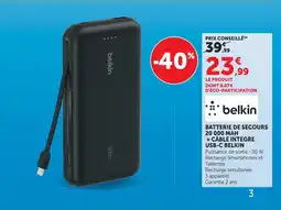 Super U Belkin batterie de secours 20 000 mah + câble intégré usb-c offre