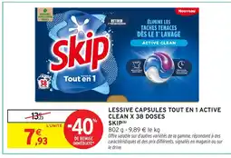 Intermarché Express SKIP Lessive capsules tout en 1 active clean x 38 doses offre