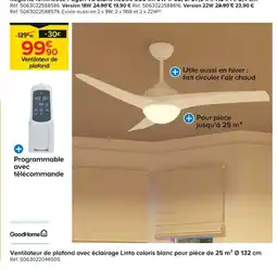 Castorama Goodhome ventilateur de plafond avec éclairage linto coloris blanc pour pièce de 25 m2 ø 132 cm offre