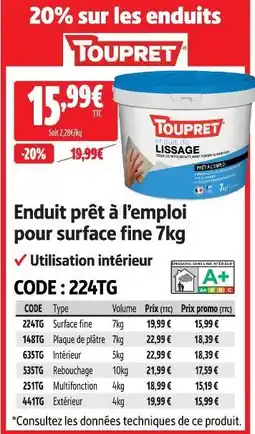 Screwfix Toupret enduit prêt à l'emploi pour surface fine offre