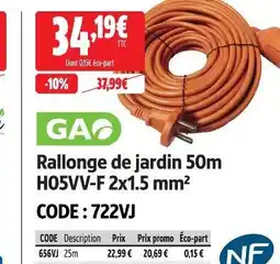 Screwfix Gao rallonge de jardin 50m h05vv-f 2x1.5 mm² offre