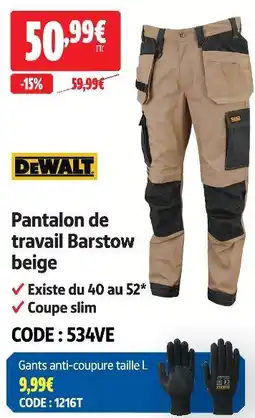 Screwfix Dewalt pantalon de travail barstow beige offre