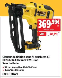 Screwfix Dewalt cloueur de finition sans fil brushless xr dcn660n-xj 63mm 18v li-ion offre