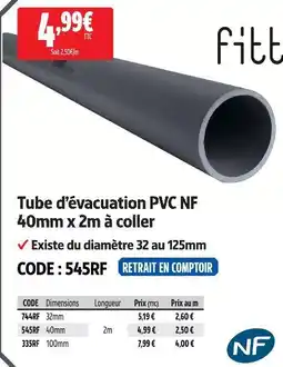 Screwfix Fitt tube d’évacuation pvc nf 40mm x 2m à coller offre