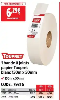 Screwfix Toupret bande à joints papier blanc offre