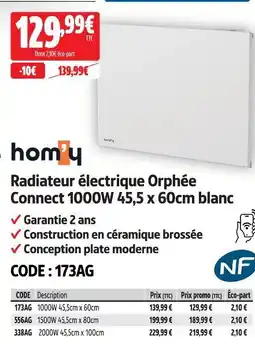 Screwfix Hom'y radiateur électrique orphée connect 1000w 45,5 x 60cm blanc offre