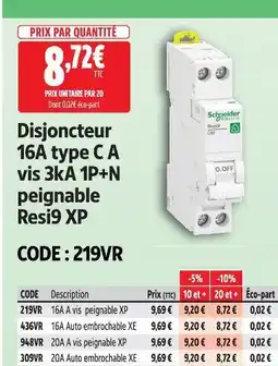 Screwfix Schneider disjoncteur 16a type c a vis 3ka 1p+n peignable resi9 xp offre