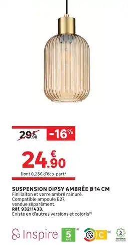 Leroy Merlin Inspire suspension dipsy ambrée ø 14 cm offre