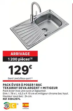 Leroy Merlin Tekaway évier à poser 1 bac deva argent + mitigeur offre