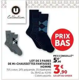 Hyper U Lot de 3 paires de mi-chaussettes fantaisies homme offre
