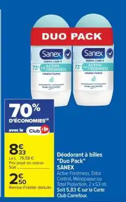 Carrefour Déodorant à billes Duo Pack SANEX offre
