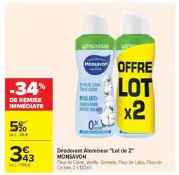 Carrefour Déodorant Atomiseur Lot de 2 MONSAVON offre