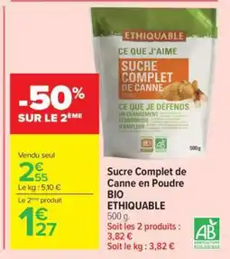 Carrefour SUCRE COMPLET DE CANNE EN POUDRE BIO ETHIQUABLE offre