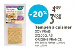 L'Eau Vive Tempeh à cuisiner soy frais offre
