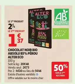 Auchan ALTER ECO Chocolat noir bio absolu 85% pérou offre