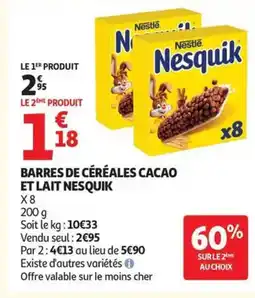Auchan NESQUIK Barres de céréales cacao et lait offre