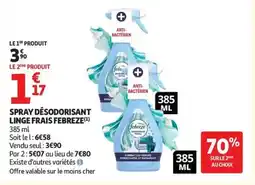 Auchan FEBREZE Spray désodorisant linge frais offre
