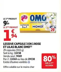 Auchan OMO Lessive capsule 3 en 1 rose et lilas blanc offre