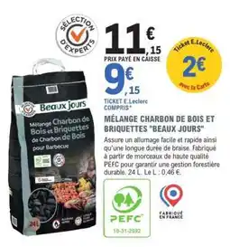 E.Leclerc MÉLANGE CHARBON DE BOIS ET BRIQUETTES BEAUX JOURS offre