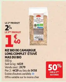 Auchan RIZ BIO DE CAMARGUE LONG COMPLET ÉTUVÉ MAS DU BIO offre