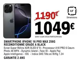 E.Leclerc SMARTPHONE IPHONE 16 PRO MAX 256G RECONDITIONNÉ GRADE A BLACK offre