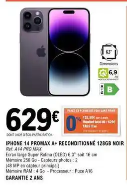 E.Leclerc IPHONE 14 PROMAX A+ RECONDITIONNÉ 128GB NOIR offre