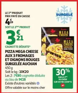 Auchan PIZZA MEGA CHEESE AUX 3 FROMAGES ET OIGNONS ROUGES SURGELÉE AUCHAN offre