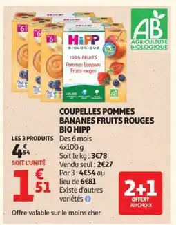 Auchan COUPELLES POMMES BANANES FRUITS ROUGES BIO HIPP offre