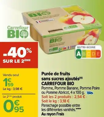 Carrefour Carrefour bio purée de fruits sans sucres ajoutés offre